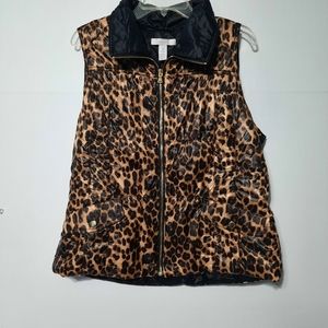Chicos Vest Womens Brown Leopard Print Puffer Full Zip Snap Pockets Sz 2